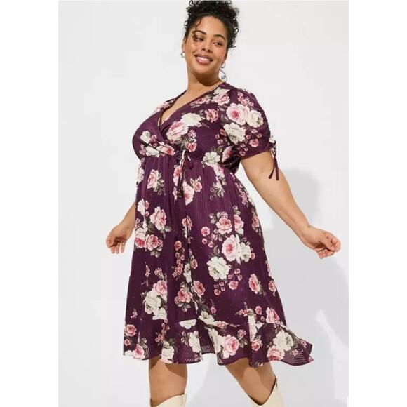 torrid Dresses & Skirts - Torrid Womens Purple Floral Dobby Satin Surplice Wrap Midi Dress Plus Size 2XL
